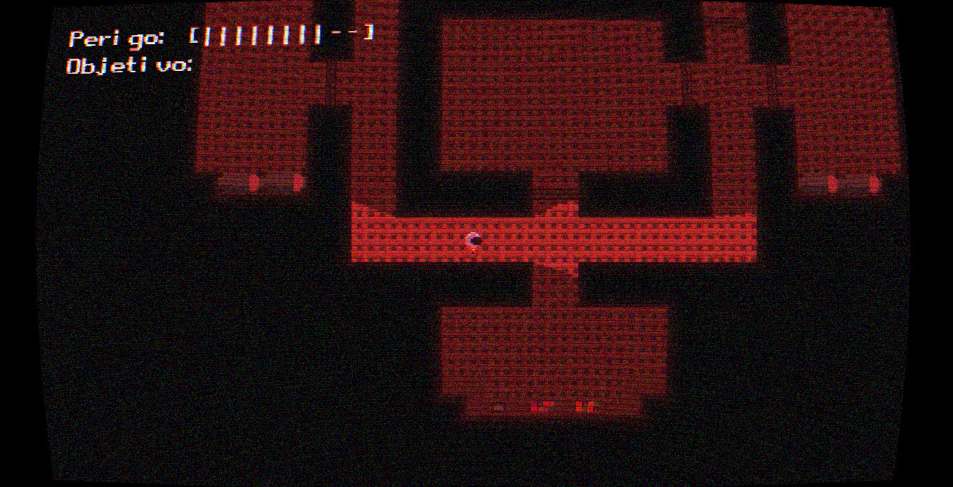 Gameplay de CombOff mostrando uma perseguição de nave espacial com efeito VHS