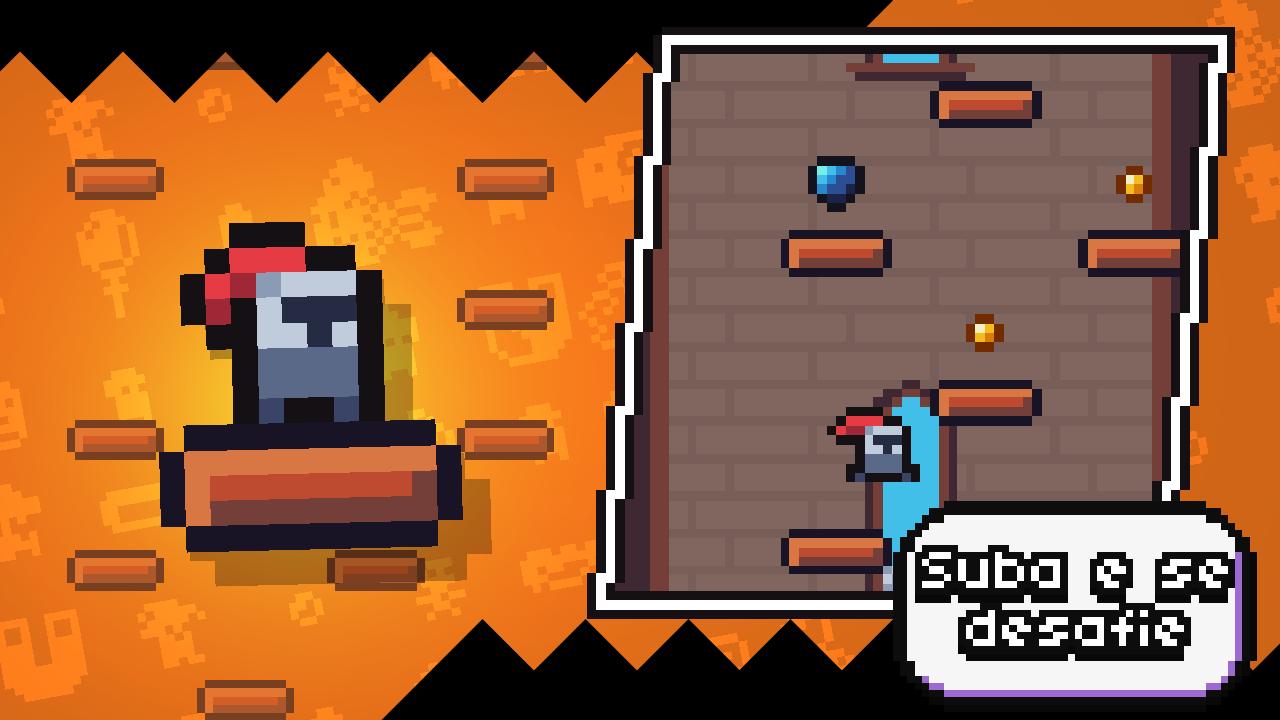 Personagem cavaleiro pixelado de armadura pulando entre plataformas no jogo Knuper, coletando moedas e Topazys (joias). Texto na tela: 'Suba e se desafie'.