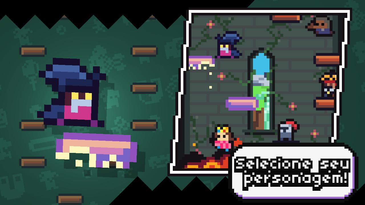 Personagem Mago pixelado pulando entre plataformas magicas no jogo Knuper. Cena do jogo Knuper com varios personagens jogaveis. Texto na tela: 'Selecione seu personagem'.