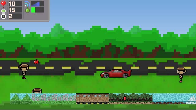 Bioma de pomar no jogo PypeDolls com carro e GPS visível durante a gameplay